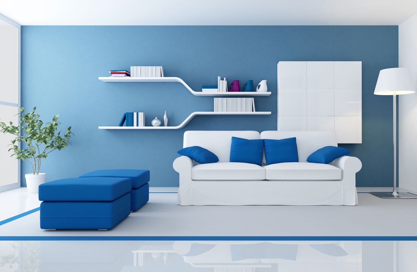 Cách trang trí phòng khách nhà ống màu xanh dương